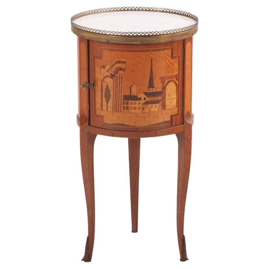 A French Louis XV style mixed woods marble top work table / nightstand, C. 1940.