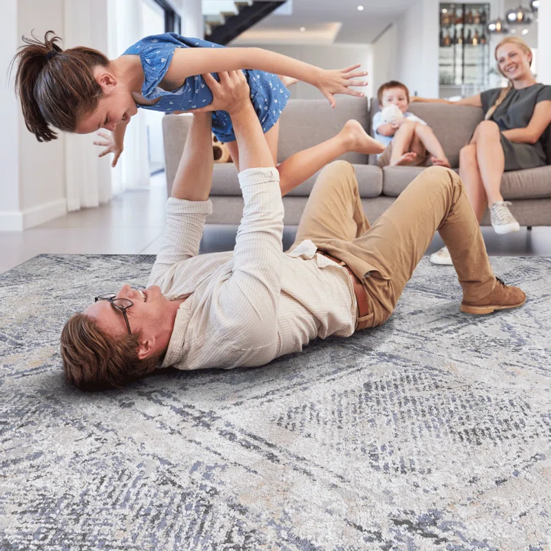 5x7 Blue/grey Geometric Non-shedding Area Rug, Stain