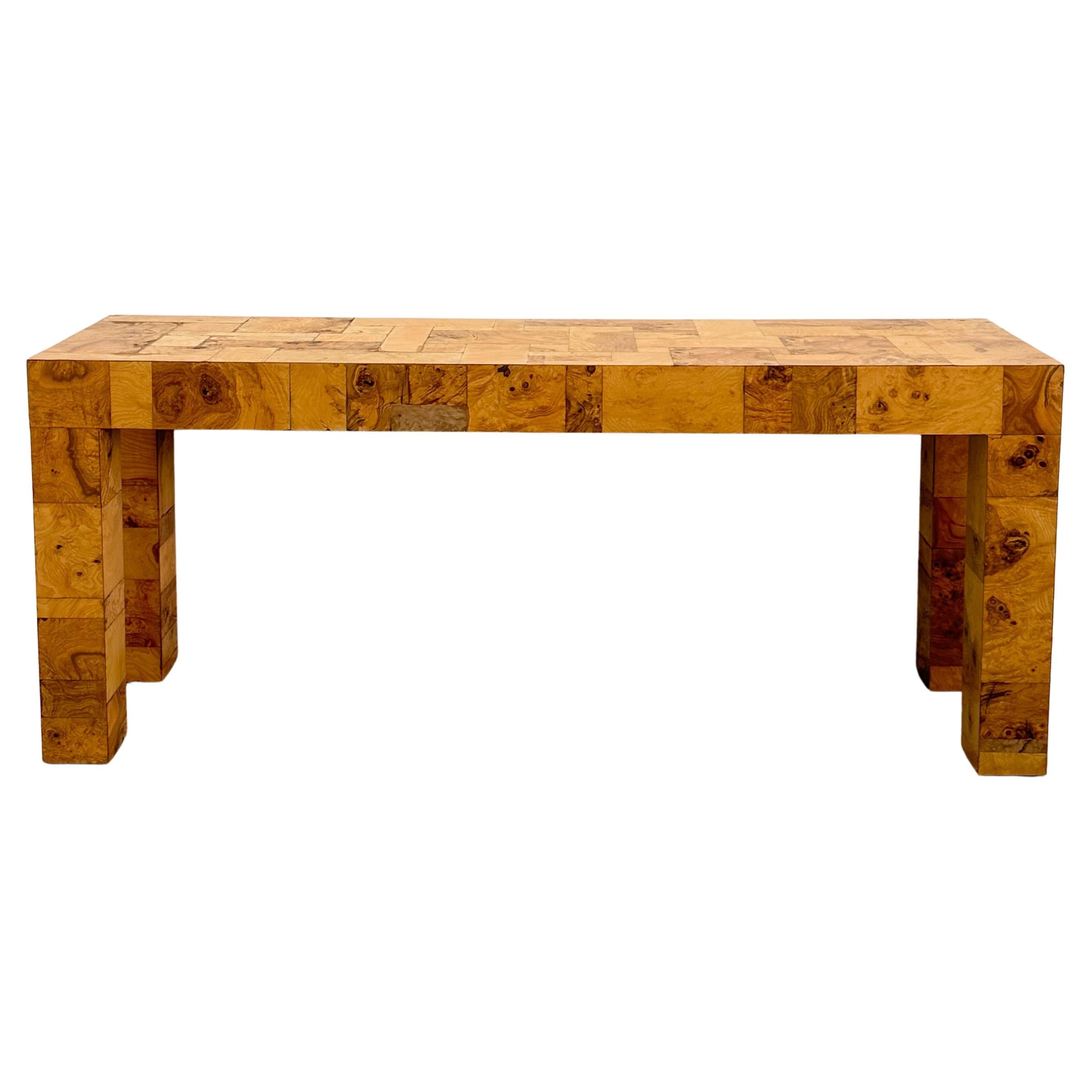 Vintage Olive Burl Wood Patchwork Console Sofa Table Entryway Table MCM Retro 70